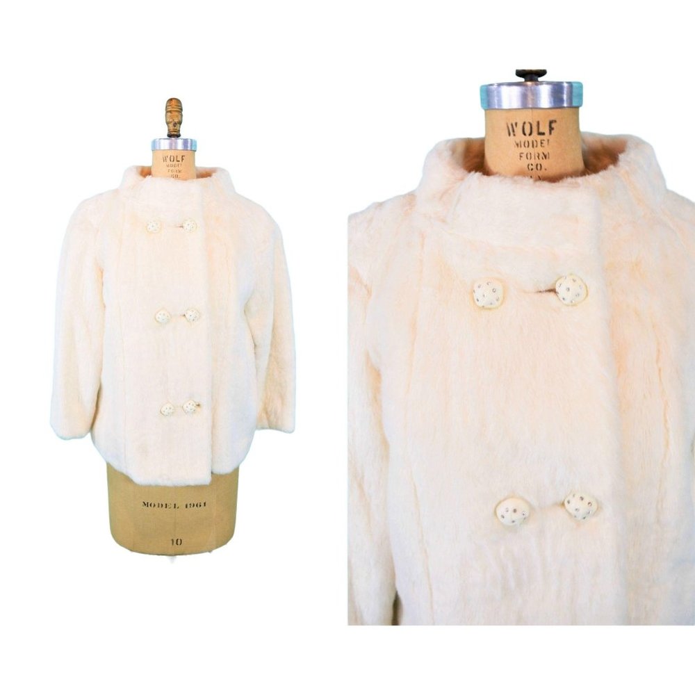 Vintage 1960s Faux Fur Jacket White Rhinestone Buttons Glamorous Evening - Picture 1 of 10
